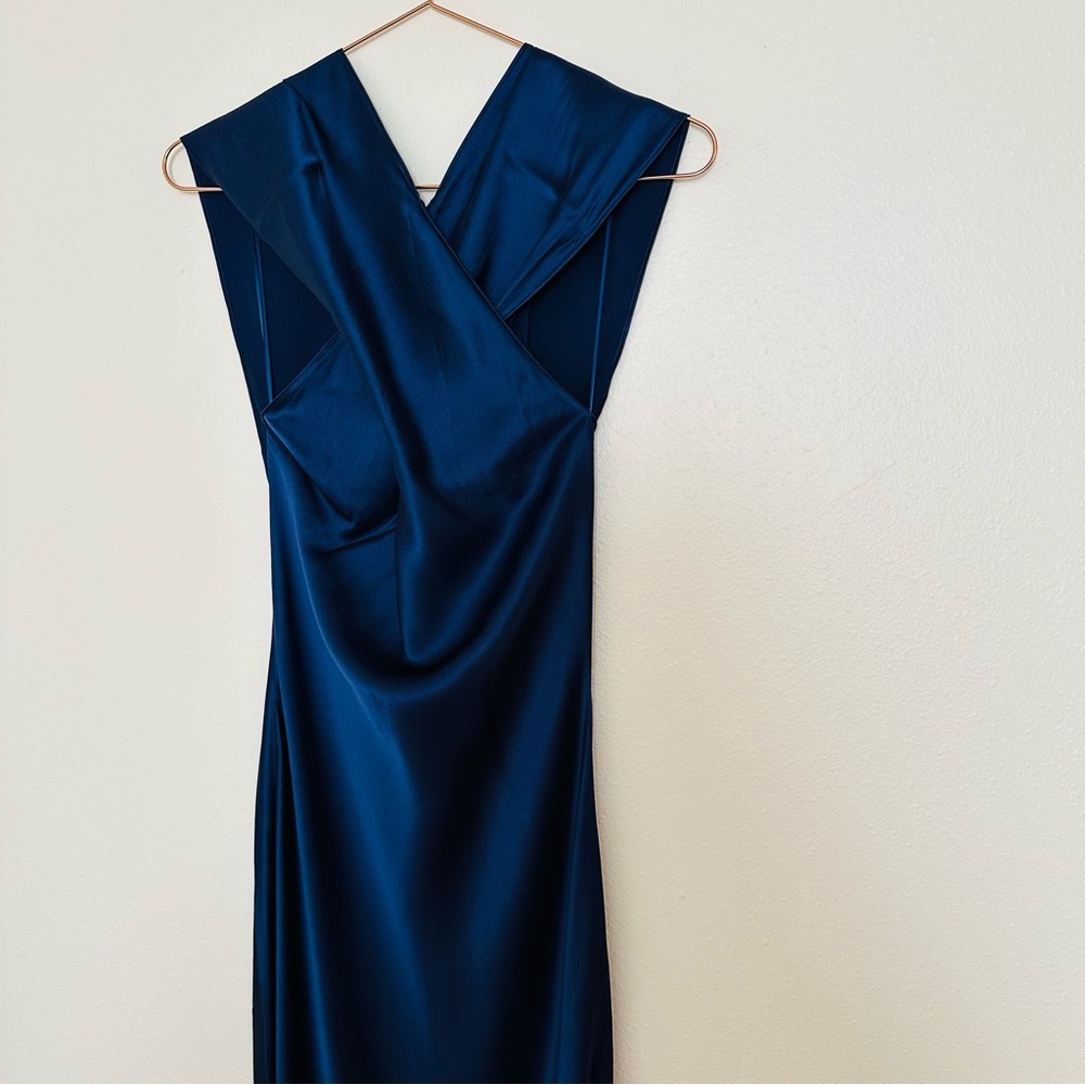 New Amanda Uprichard Jade Silk Dress Navy Maxi Halter Open Back - Picture 10 of 13
